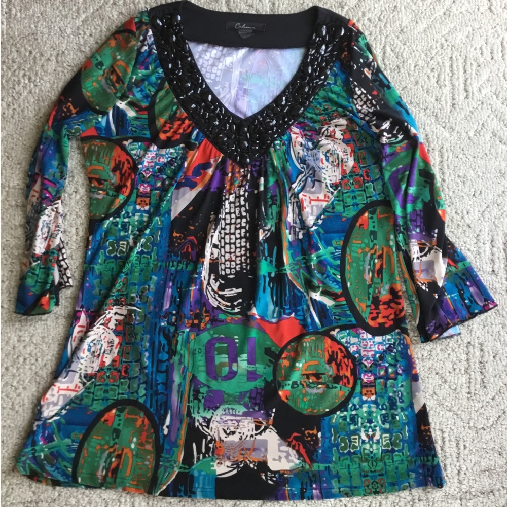Blue Embellished Graphic Tunic Top